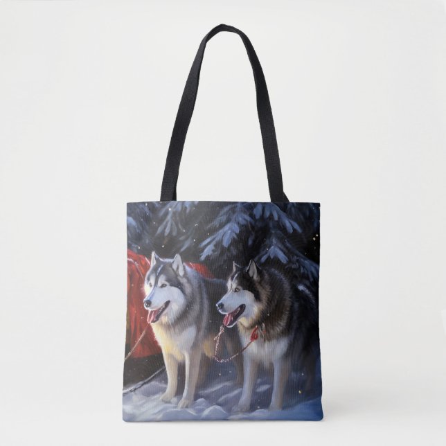 Alaskan Malamute Snowy Sleigh Ride Christmas  Tote Bag (Front)
