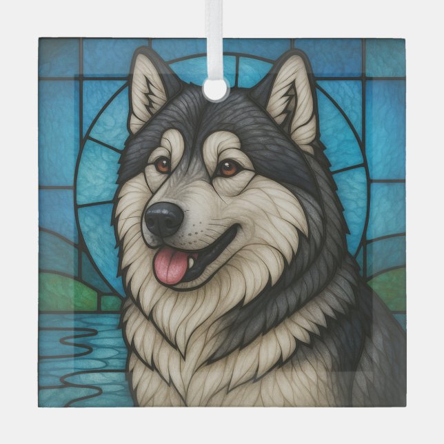 Alaskan Malamute "Stained Glass"  Glass Ornament (Front)