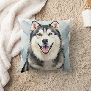 Alaskan Malamute Watercolor Geometric Pet Art Throw Pillow