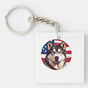 Alaskan Malamute With American Flag Background Keychain