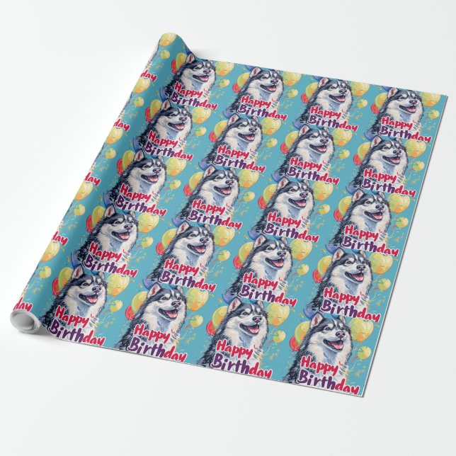 Alaskan Malamute with Balloons Birthday Wrapping Paper (Unrolled)