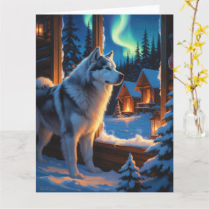 Alaskan Malamute With Christmas Lights Holiday  Card