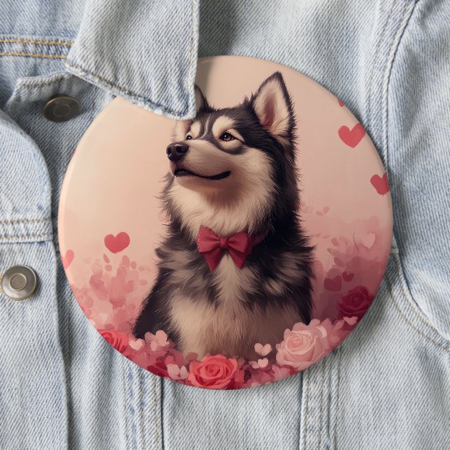 Alaskan Malamute with Roses - Valentine's Day  6 Inch Round Button (In Situ)