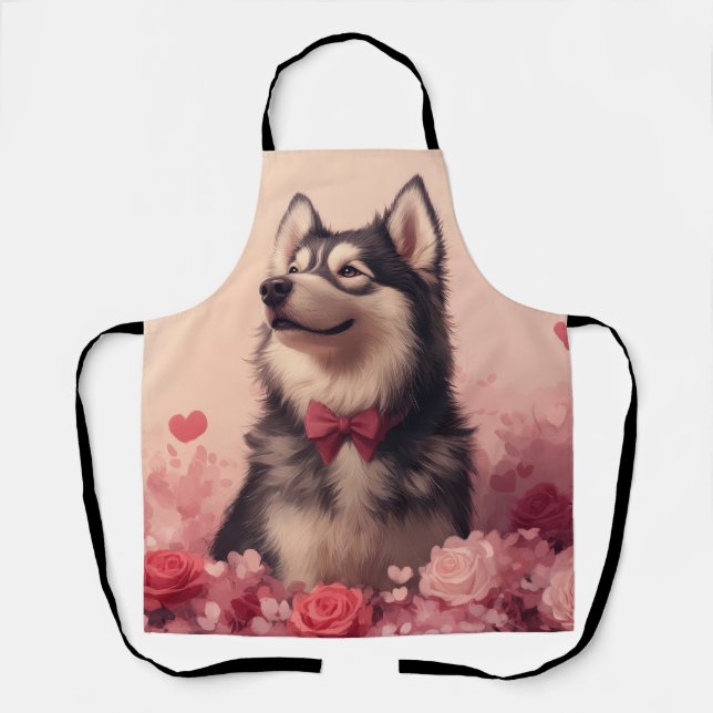 Alaskan Malamute with Roses - Valentine's Day  Apron (Front)