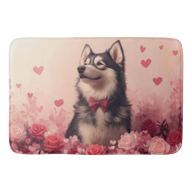 Alaskan Malamute with Roses - Valentine's Day  Bath Mat (Front)