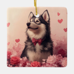 Alaskan Malamute with Roses - Valentine's Day Ceramic Ornament