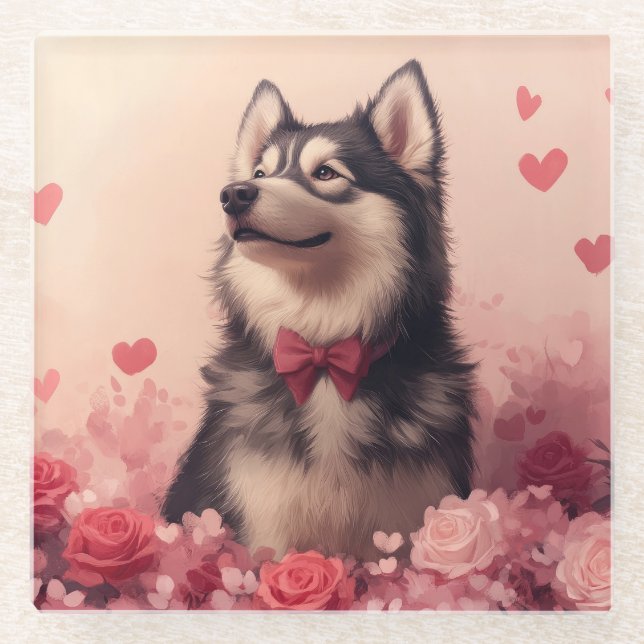 Alaskan Malamute with Roses - Valentine's Day  Glass Coaster (Front)