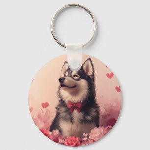 Alaskan Malamute with Roses - Valentine's Day  Keychain