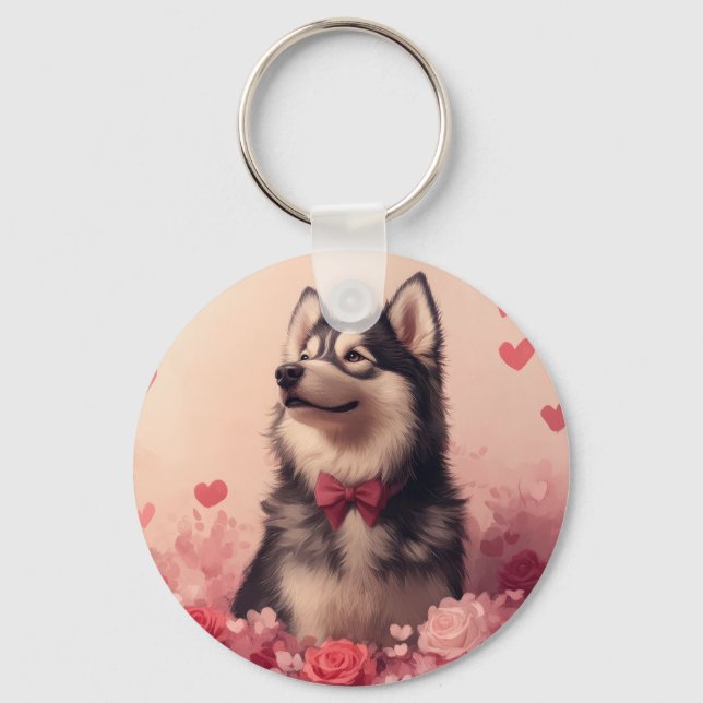 Alaskan Malamute with Roses - Valentine's Day  Keychain (Front)
