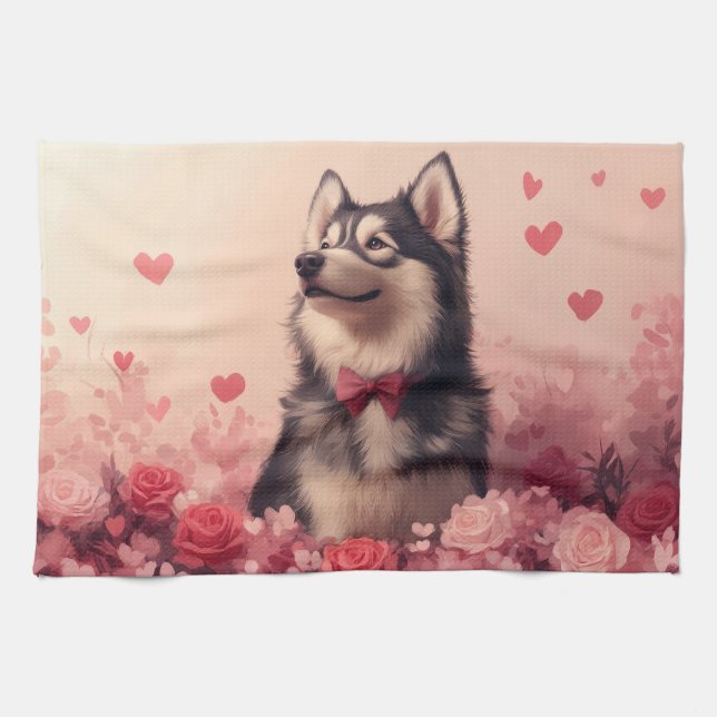 Alaskan Malamute with Roses - Valentine's Day  Kitchen Towel (Horizontal)