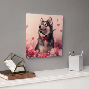 Alaskan Malamute with Roses - Valentine's Day  Square Wall Clock
