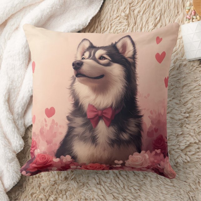 Alaskan Malamute with Roses - Valentine's Day  Throw Pillow (Blanket)