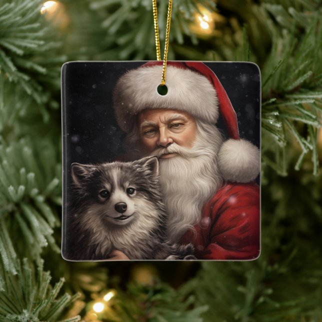 Alaskan Malamute with Santa Claus Christmas Ceramic Ornament (Tree)