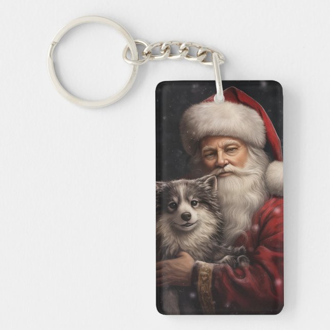 Alaskan Malamute with Santa Claus Christmas Keychain (Front)