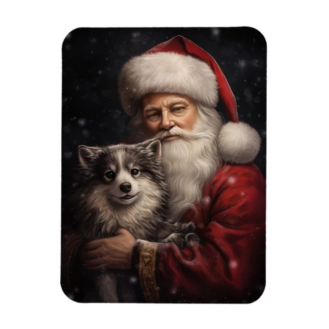 Alaskan Malamute with Santa Claus Christmas Magnet (Vertical)