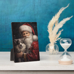 Alaskan Malamute with Santa Claus Christmas Plaque