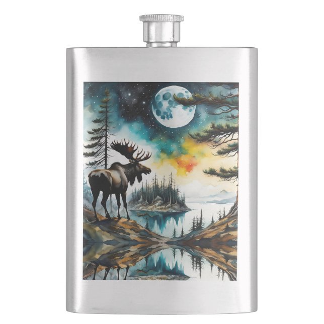 Alaskan Moose Standing on Mountain Ridge Hip Flask (Front)