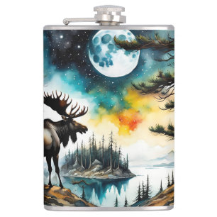 Alaskan Moose Standing on Mountain Ridge Hip Flask