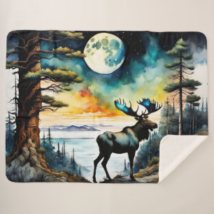Alaskan Moose under the Moonlight Sherpa Blanket