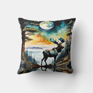 Alaskan Moose under the Moonlight Throw Pillow