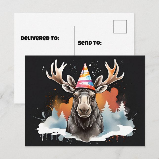 Alaskan Moose wearing cone birthday hat Postcard (Front/Back)