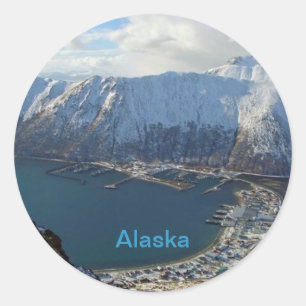 Alaskan Mountain Range and City Below Classic Round Sticker