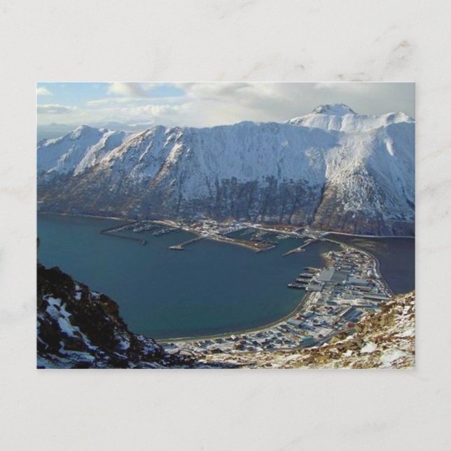 Alaskan Mountain Range and City Below Postcard (Front)