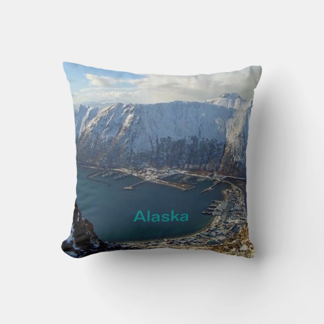 Alaskan Mountain Range and City Below Throw Pillow (Front)