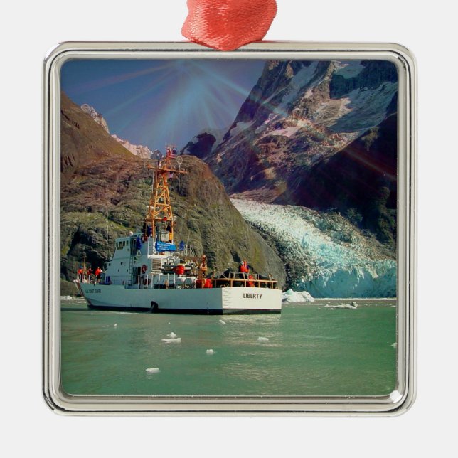 Alaskan Mountain View with Boat Metal Ornament (Front)
