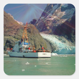 Alaskan Mountain View with Boat Square Sticker