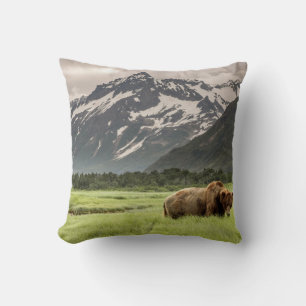 Alaskan shores, grizzly bear throw pillow