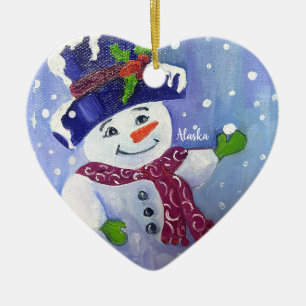 Alaskan Snowball Snowman heart ceramic ornament