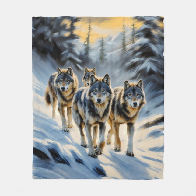 Alaskan Wild Wolf Pack Fleece Blanket (Front)