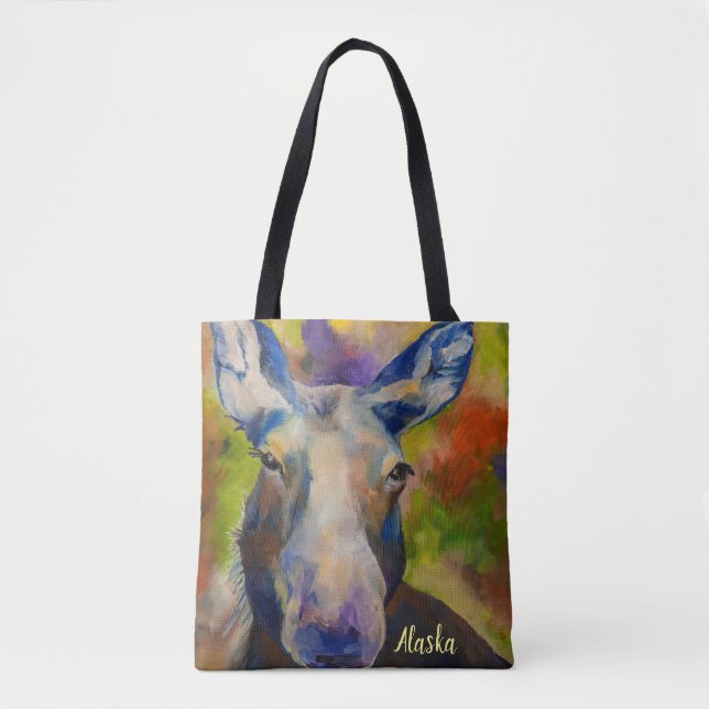 Alaskan Wildlife Moose & Fireweed Tote with ALASKA Bag (Front)