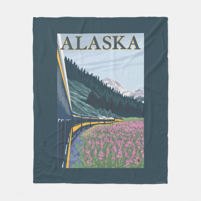 AlaskaRailroad and Fireweed Vintage Travel Fleece Blanket (Front)