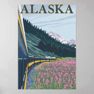 AlaskaRailroad and Fireweed Vintage Travel Poster