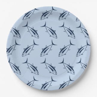 Albacore Tuna Fish in Marine Blue on Pastel Blue Paper Plate