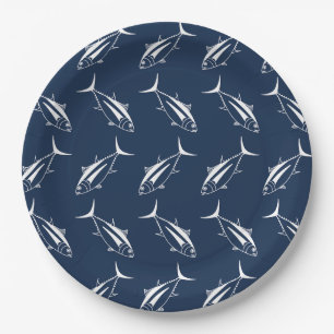 Albacore Tuna Fish in White on Marine Blue Paper Plate