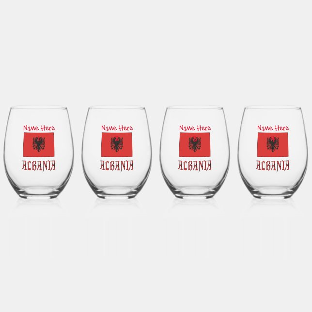 Albania and Albanian Flag Red Personalization  Stemless Wine Glass (Front)