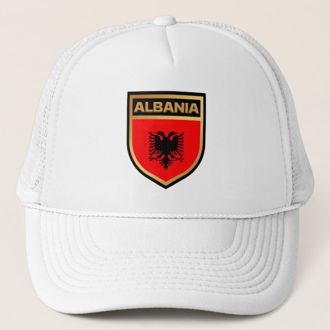 Albania Flag Shield Trucker Hat (Front)