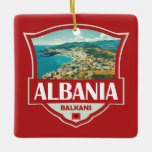 Albania Illustration Retro Badge Ceramic Ornament<br><div class="desc">Albania vector artwork design. Albania,  on Southeastern Europe’s Balkan Peninsula,  is a small country with Adriatic and Ionian coastlines and an interior crossed by the Albanian Alps.</div>