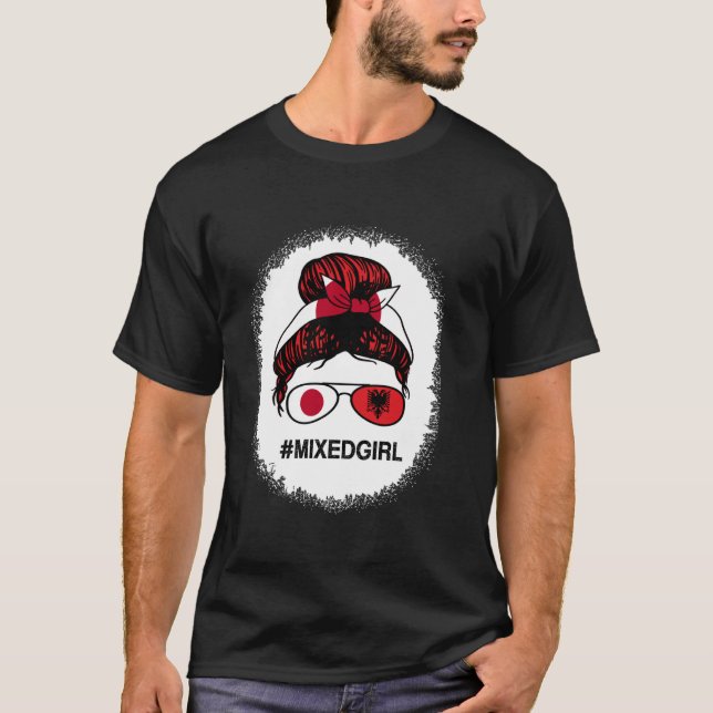 Albania Japan Flag Albanian Japanese Messy Bun Ble T-Shirt (Front)