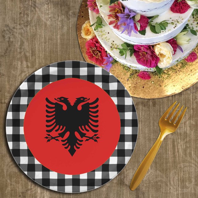 Albania Plate, buffalo plaid & Albanian Flag Paper Plate (Creator Uploaded)