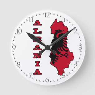 Albanian Flag in Outline Map of Albania Round Clock