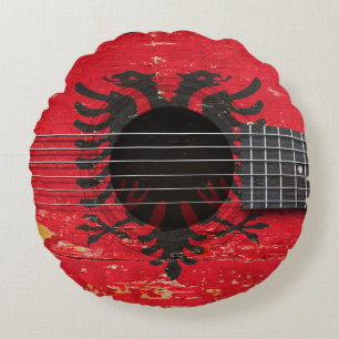 Albanian Flag on Old Acoustic Guitar Round Pillow