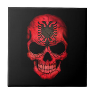 Albanian Flag Skull on Black Tile