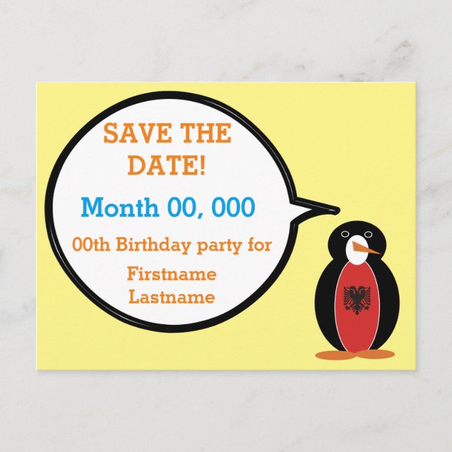 Albanian Flag Talking Ms. Penguin Save the Date An Announcement Postcard (Front)