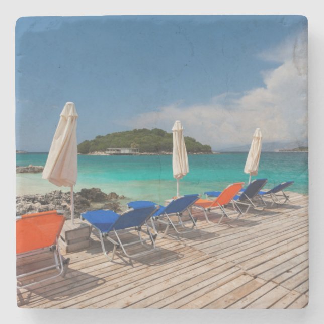 Albanian Riviera, Ksamil, town beachfront Stone Coaster (Front)