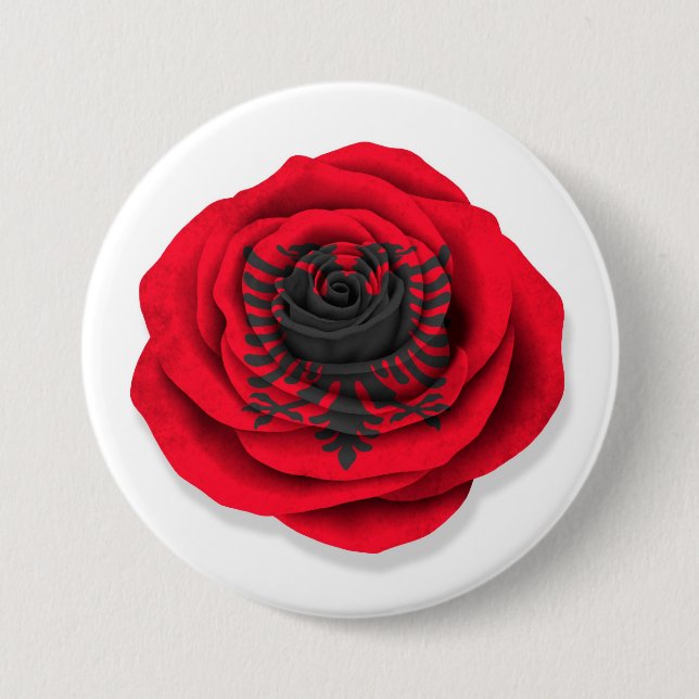Albanian Rose Flag on White 3 Inch Round Button (Front)