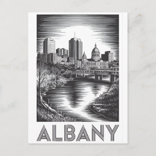 Albany New York Skyline Black White Woodcut Holiday Postcard